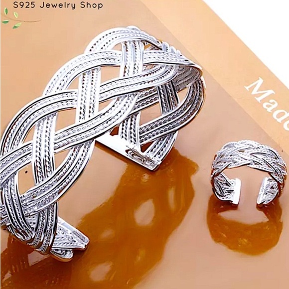 Braided Design Sterling Silver Bangle Cuff Bracelet Matching Ring Set - Picture 2 of 12